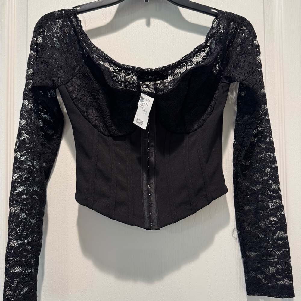 Akira Black Lace Long Sleeve Corset Top
